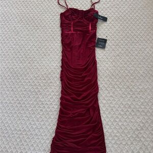 Lulu's Wine Red Velvet Ruched Maxi Slip Dress